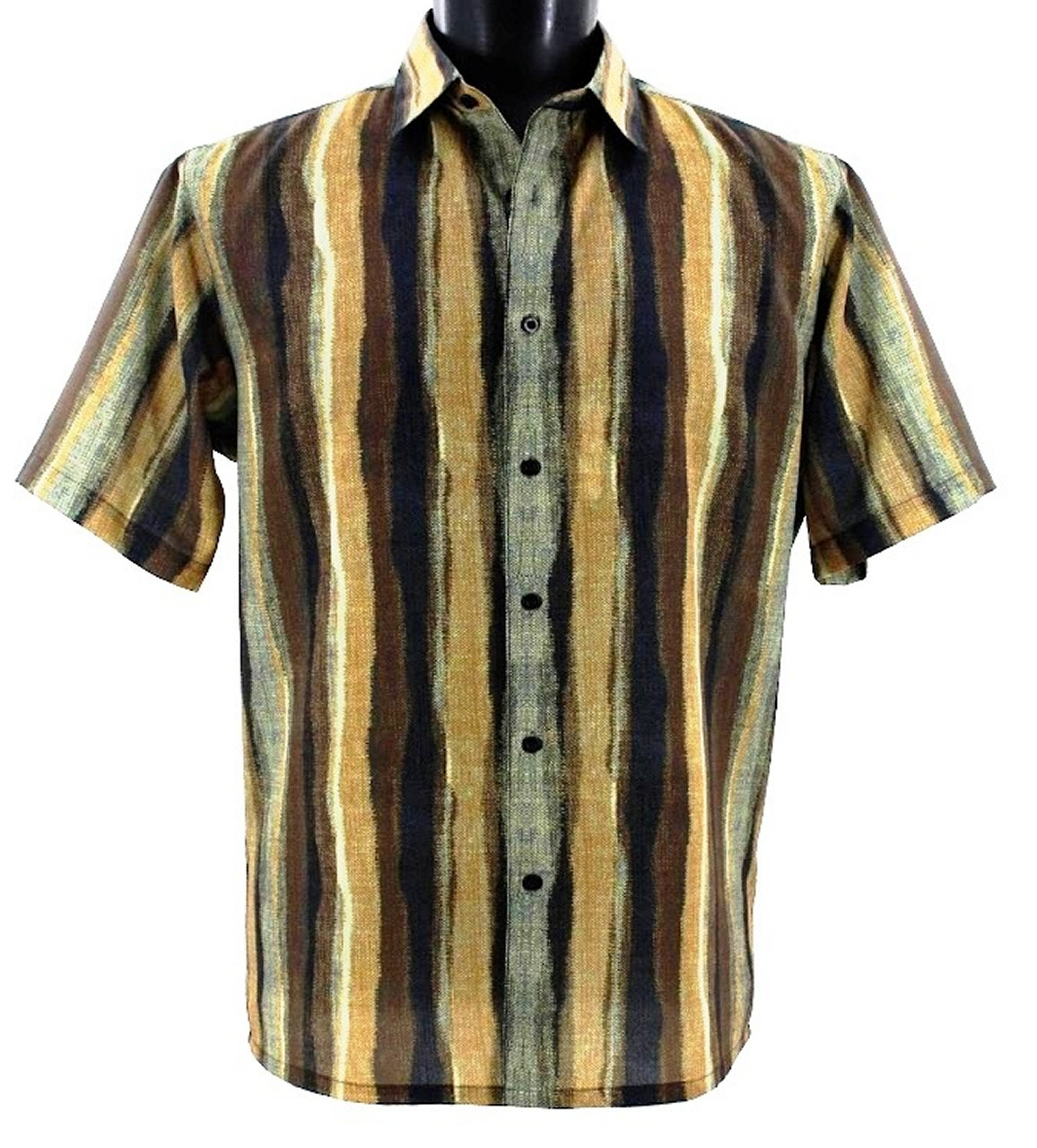 Bassiri Short Sleeve Camp Shirt - Linear Brush Strokes in Tan Tones